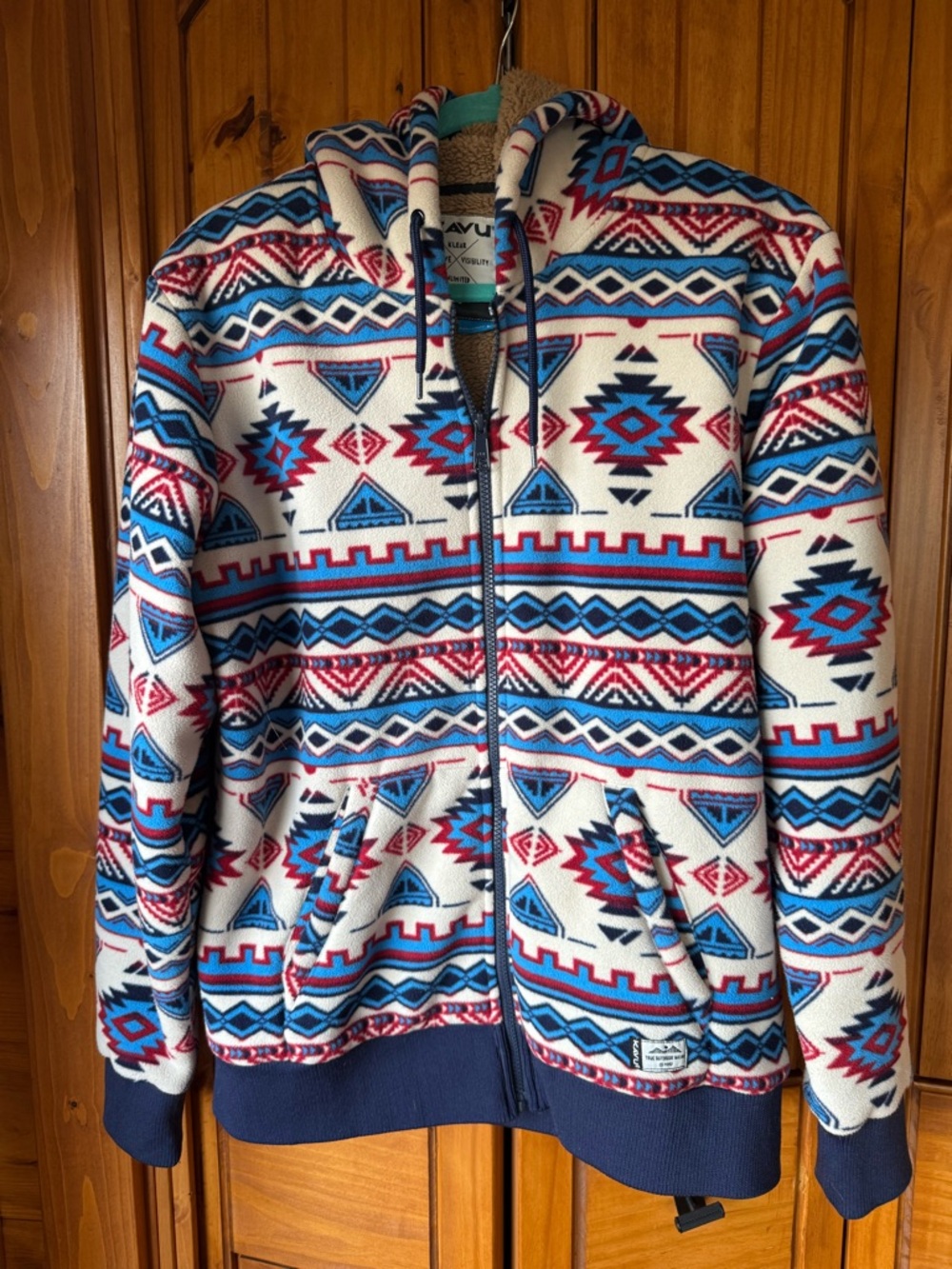Kavu Aztec Hooded Zip Jacket in Ivory, Blue & Red